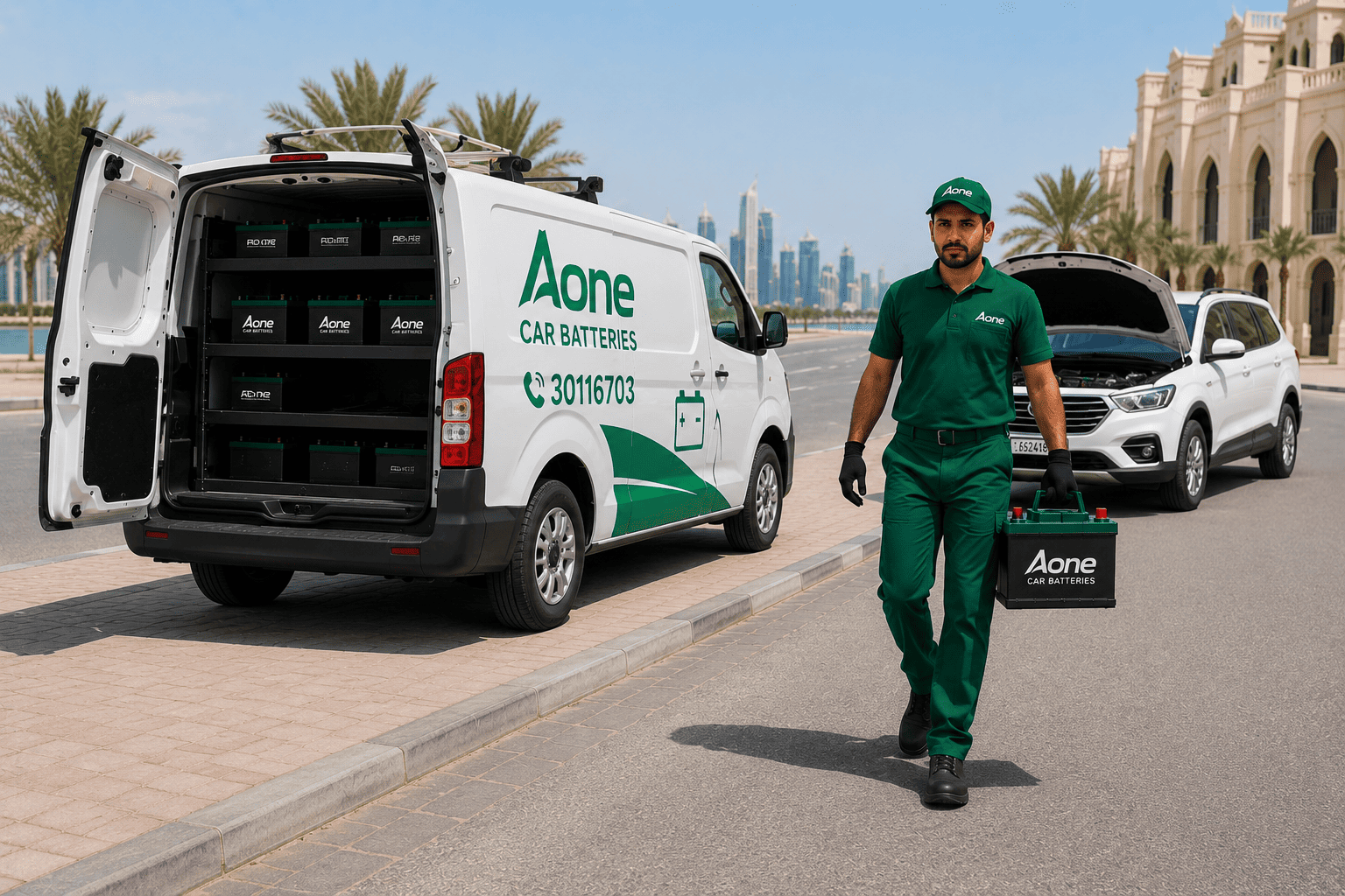 AONE car batteries professional moving towards customer to do the car battery replacement AONE car batteries professional moving towards customer to do the car battery replacement