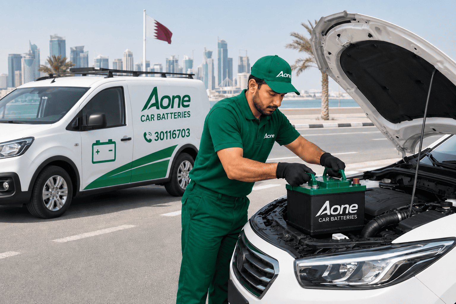 A professional doing car battery replacement in qatar A professional doing car battery replacement in qatar